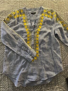 NWOT J. Crew Blue and Yellow Striped Embroidered Popover Blouse